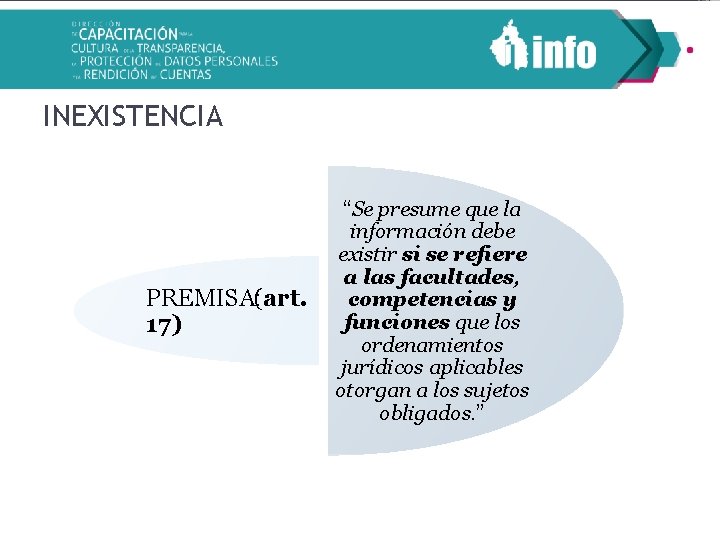 INEXISTENCIA PREMISA: (art. 17) “Se presume que la información debe existir si se refiere