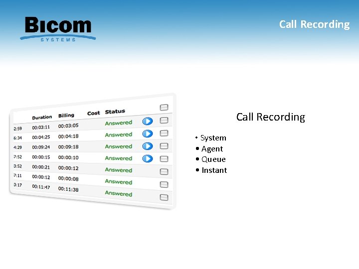 Call Recording • System • Agent • Queue • Instant 