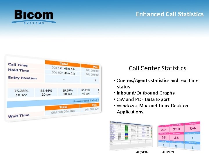 Enhanced Call Statistics Call Center Statistics • Queues/Agents statistics and real time status •