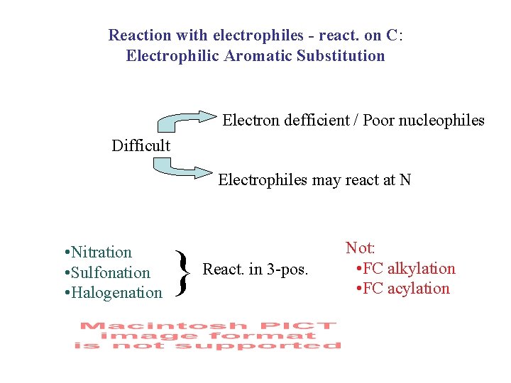 Reaction with electrophiles - react. on C: Electrophilic Aromatic Substitution Electron defficient / Poor