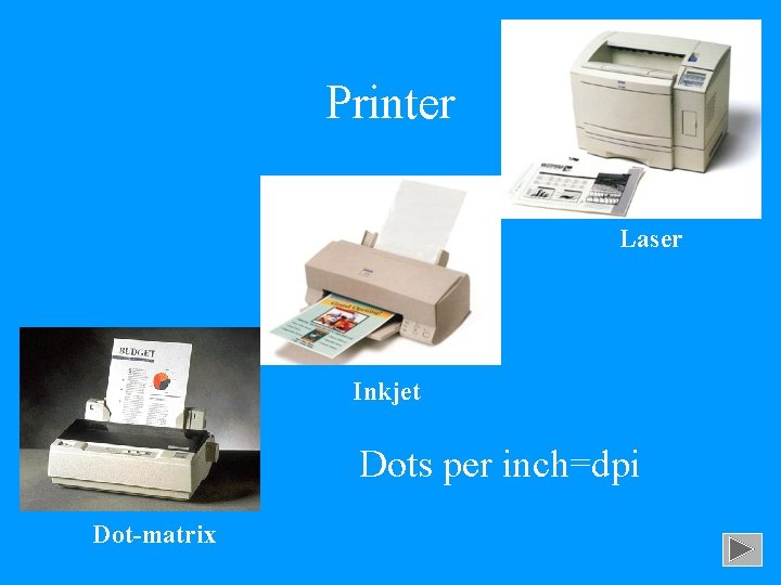 Printer Laser Inkjet Dots per inch=dpi Dot-matrix 