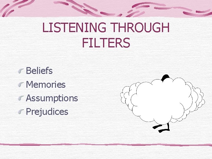 LISTENING THROUGH FILTERS Beliefs Memories Assumptions Prejudices 