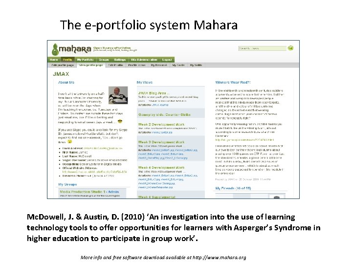 The e-portfolio system Mahara Mc. Dowell, J. & Austin, D. (2010) ‘An investigation into