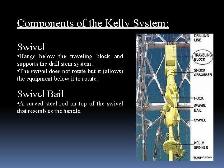 Components of the Kelly System: Swivel • Hangs below the traveling block and supports