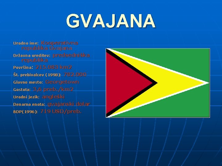 GVAJANA Kooperativna republika Gvajana Državna ureditev: predsedniška republika Površina: 215. 083 km 2 Št.