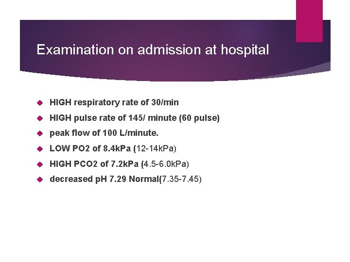 Examination on admission at hospital HIGH respiratory rate of 30/min HIGH pulse rate of