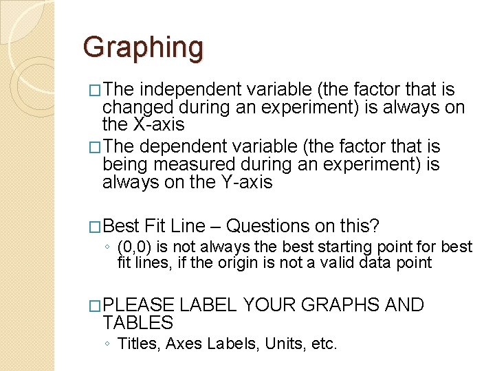 Graphing �The independent variable (the factor that is changed during an experiment) is always