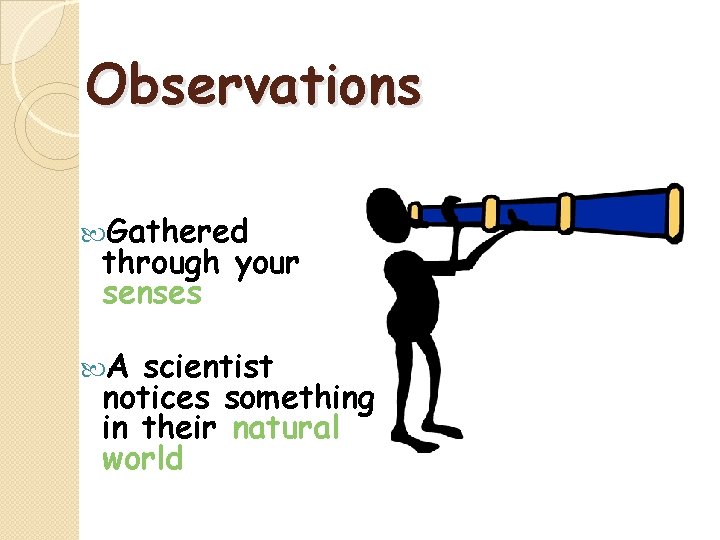 Observations Gathered through your senses A scientist notices something in their natural world 