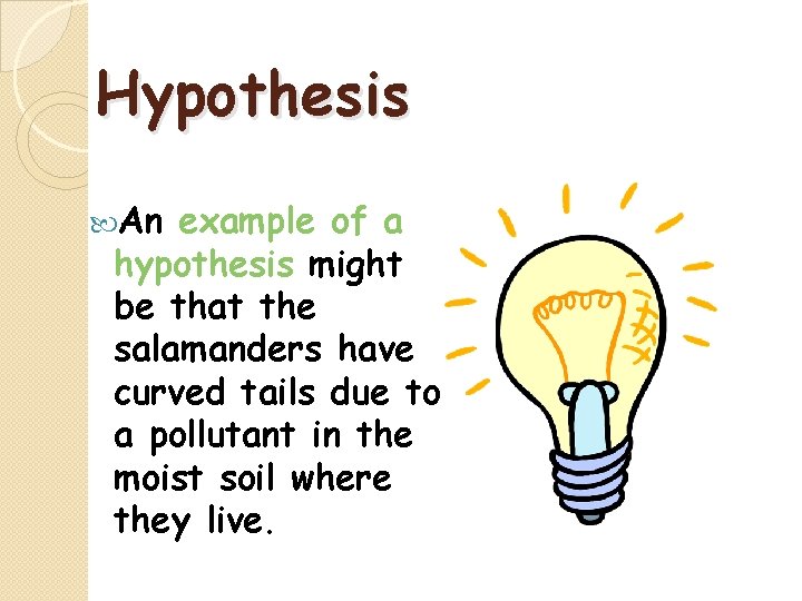 Hypothesis An example of a hypothesis might be that the salamanders have curved tails