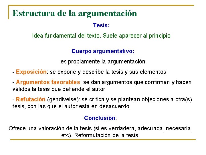 Estructura de la argumentación Tesis: Idea fundamental del texto. Suele aparecer al principio Cuerpo