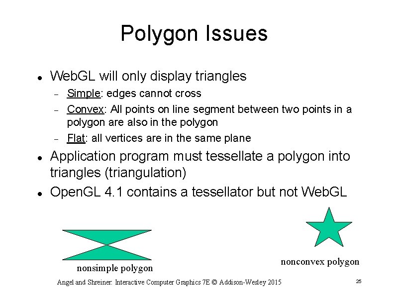 Polygon Issues Web. GL will only display triangles Simple: edges cannot cross Convex: All