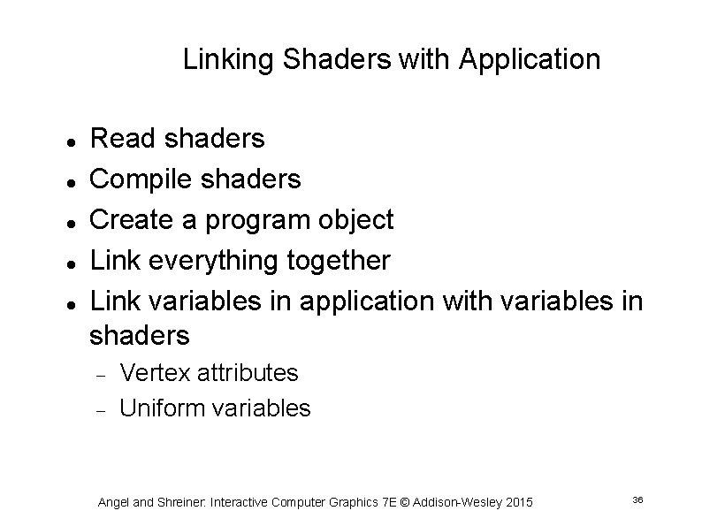 Linking Shaders with Application Read shaders Compile shaders Create a program object Link everything