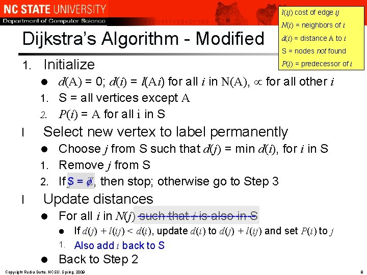 l(ij) cost of edge ij Dijkstra’s Algorithm - Modified 1. Initialize N(i) = neighbors