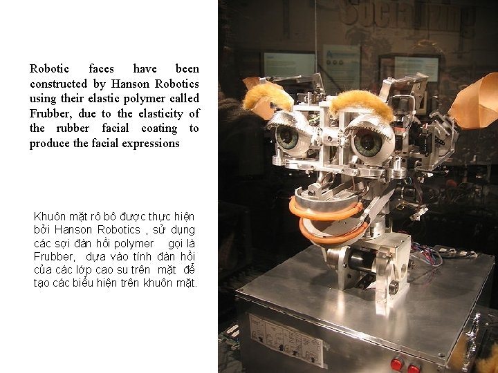 Robotic faces have been constructed by Hanson Robotics using their elastic polymer called Frubber,