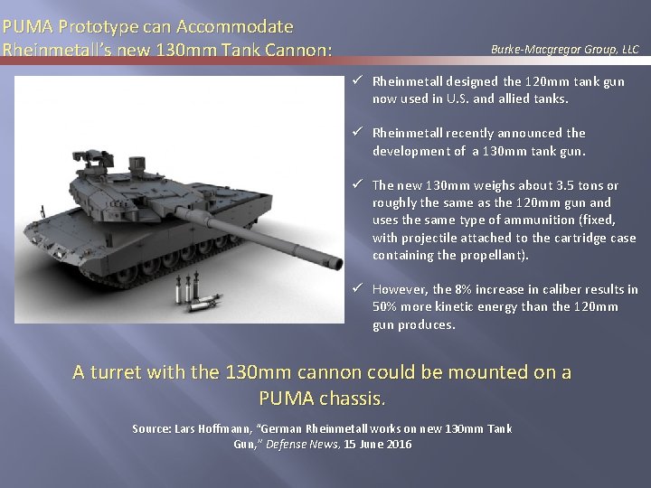 PUMA Prototype can Accommodate Rheinmetall’s new 130 mm Tank Cannon: Burke-Macgregor Group, LLC ü