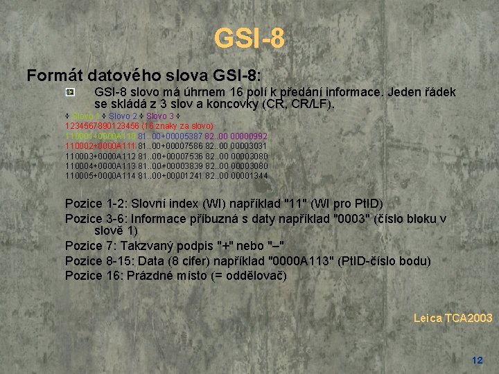 GSI-8 Formát datového slova GSI-8: GSI-8 slovo má úhrnem 16 polí k předání informace.