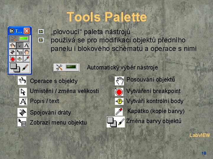 Tools Palette „plovoucí“ paleta nástrojů používá se pro modifikaci objektů předního panelu i blokového