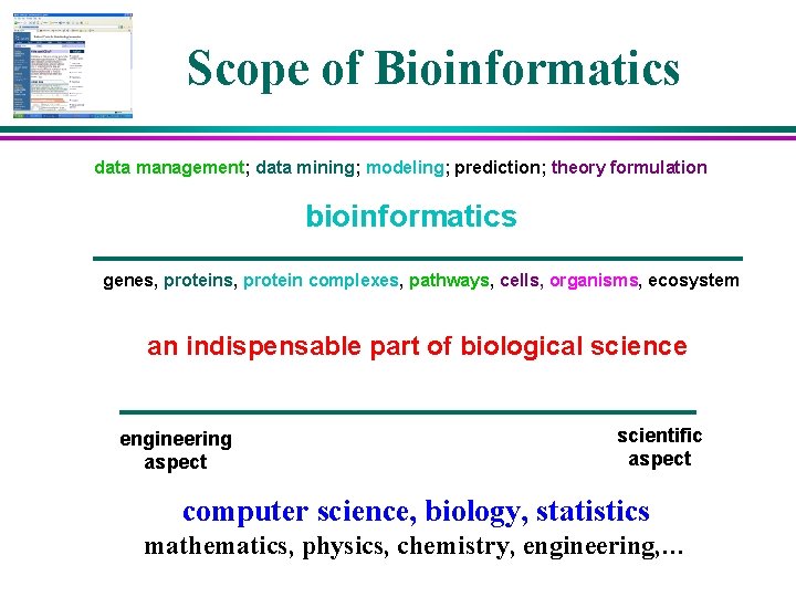 Scope of Bioinformatics data management; data mining; modeling; prediction; theory formulation bioinformatics genes, protein