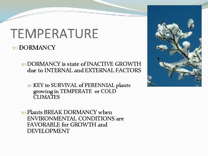 TEMPERATURE DORMANCY is state of INACTIVE GROWTH due to INTERNAL and EXTERNAL FACTORS KEY