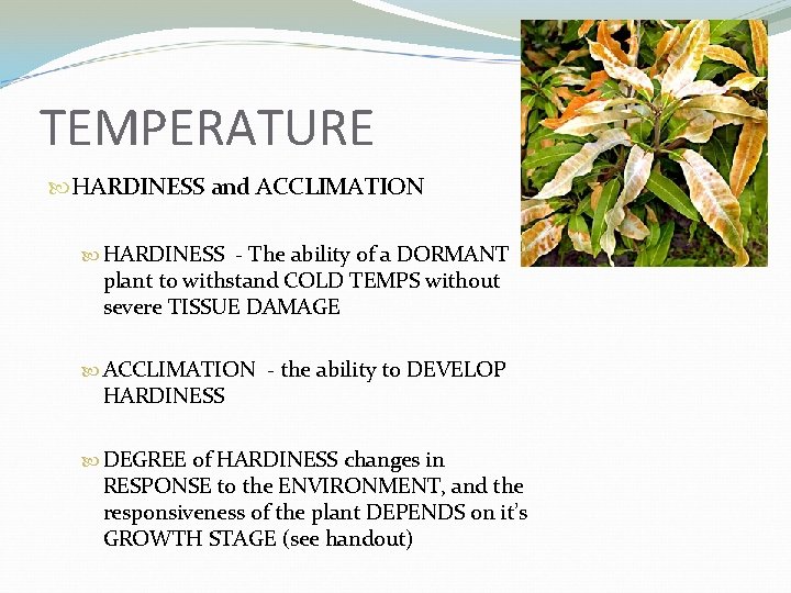 TEMPERATURE HARDINESS and ACCLIMATION HARDINESS - The ability of a DORMANT plant to withstand