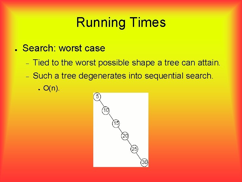 Running Times ● Search: worst case Tied to the worst possible shape a tree