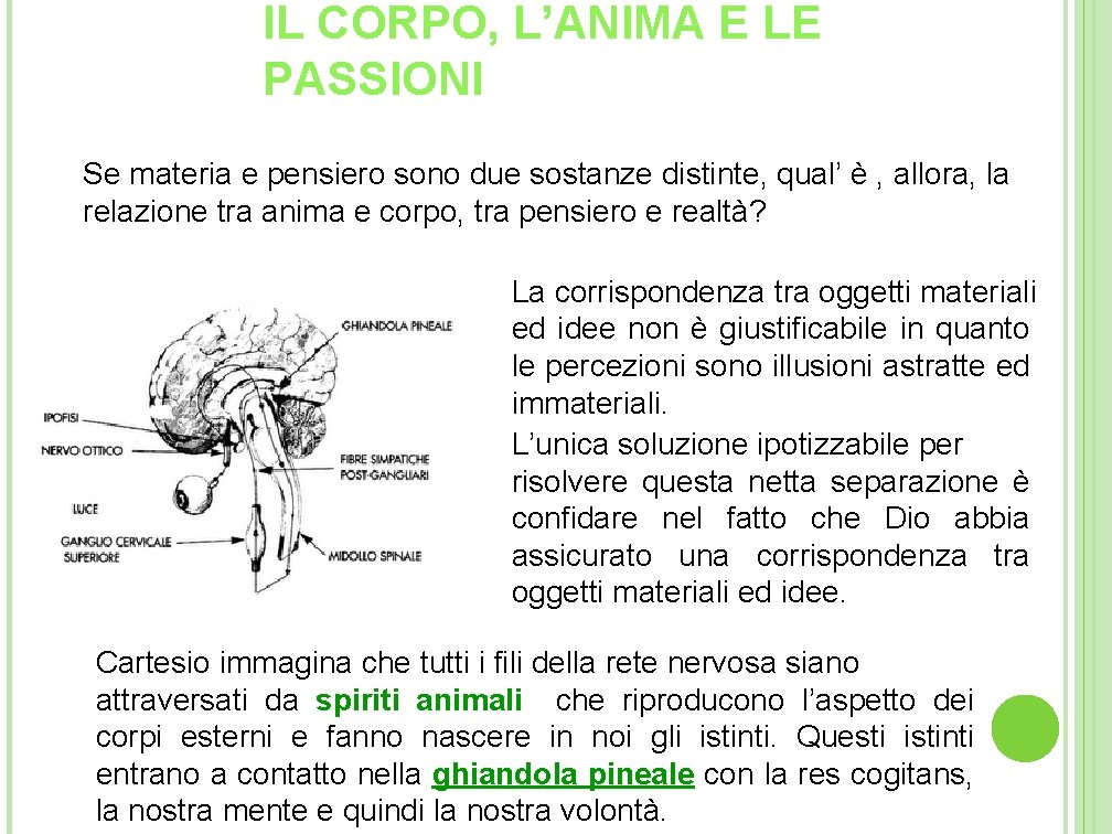 IL CORPO, L’ANIMA E LE PASSIONI Se materia e pensiero sono due sostanze distinte, IL CORPO, L’ANIMA E LE PASSIONI Se materia e pensiero sono due sostanze distinte,