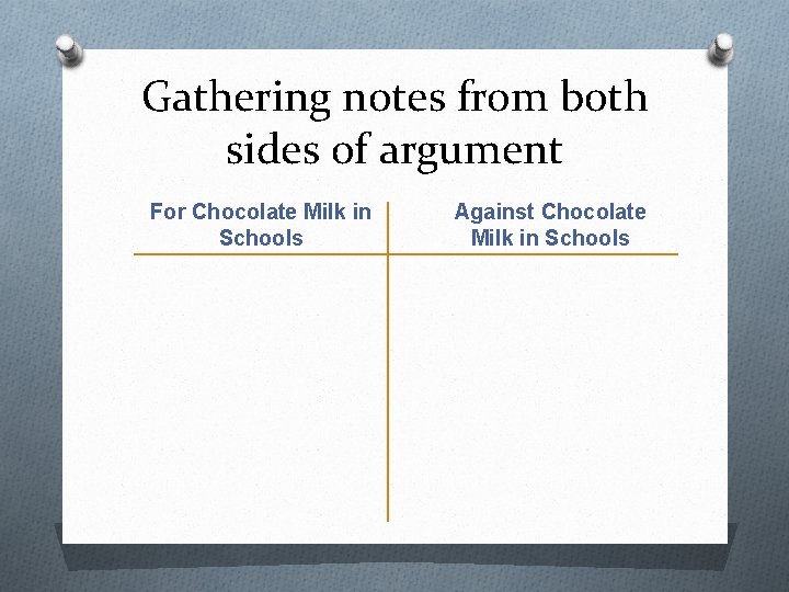 Gathering notes from both sides of argument For Chocolate Milk in Schools Against Chocolate