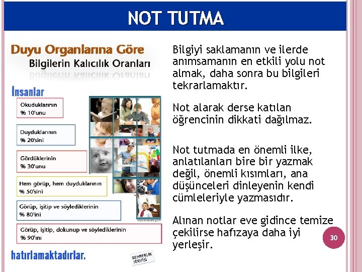 NOT TUTMA Bilgiyi saklamanın ve ilerde anımsamanın en etkili yolu not almak, daha sonra