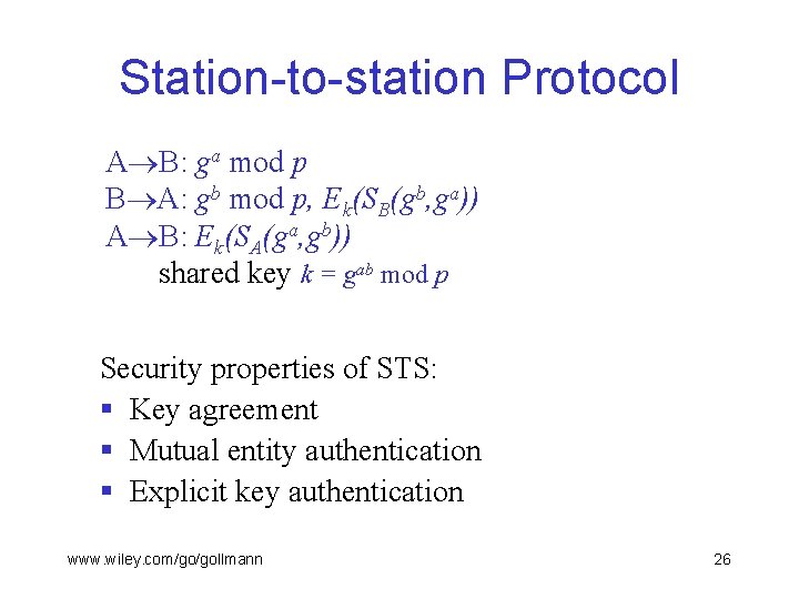 Station-to-station Protocol A B: ga mod p B A: gb mod p, Ek(SB(gb, ga))