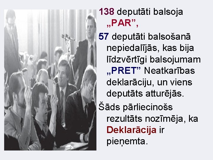 138 deputāti balsoja „PAR”, 57 deputāti balsošanā nepiedalījās, kas bija līdzvērtīgi balsojumam „PRET” Neatkarības