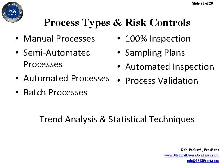 Slide 23 of 28 Process Types & Risk Controls • Manual Processes • Semi-Automated