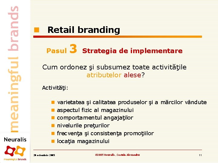 n Retail branding Pasul 3 Strategia de implementare Cum ordonez şi subsumez toate activităţile n Retail branding Pasul 3 Strategia de implementare Cum ordonez şi subsumez toate activităţile