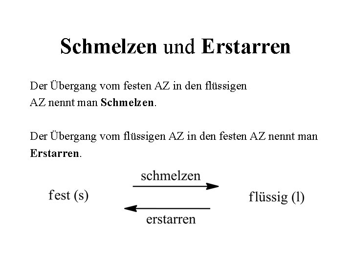 Schmelzen und Erstarren Der Übergang vom festen AZ in den flüssigen AZ nennt man