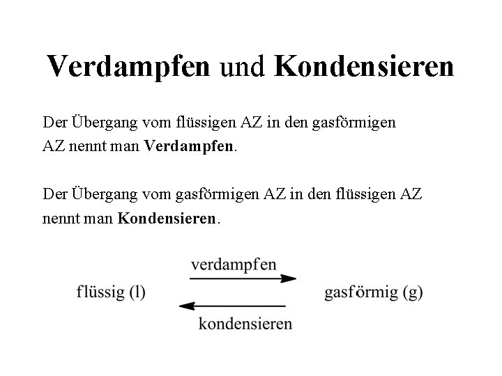 Verdampfen und Kondensieren Der Übergang vom flüssigen AZ in den gasförmigen AZ nennt man