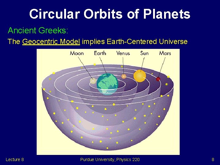 Circular Orbits of Planets Ancient Greeks: The Geocentric Model implies Earth-Centered Universe Lecture 8