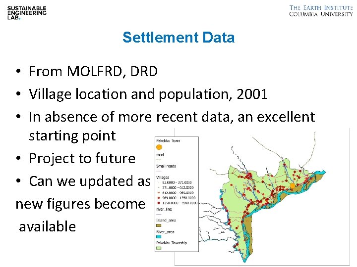Settlement Data • From MOLFRD, DRD • Village location and population, 2001 • In