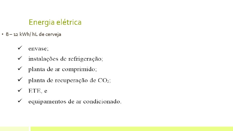 Energia elétrica • 8 – 12 k. Wh/ h. L de cerveja 