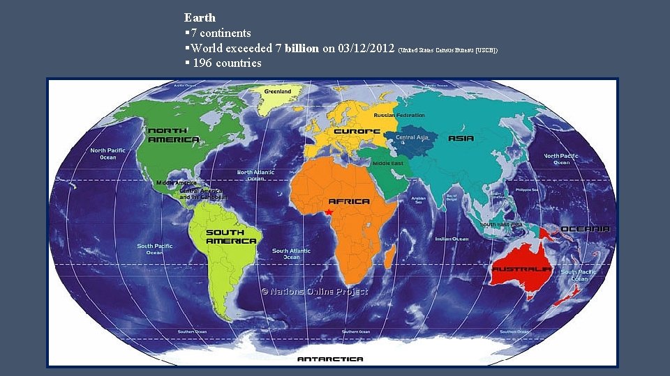 Earth § 7 continents §World exceeded 7 billion on 03/12/2012 (United States Census Bureau