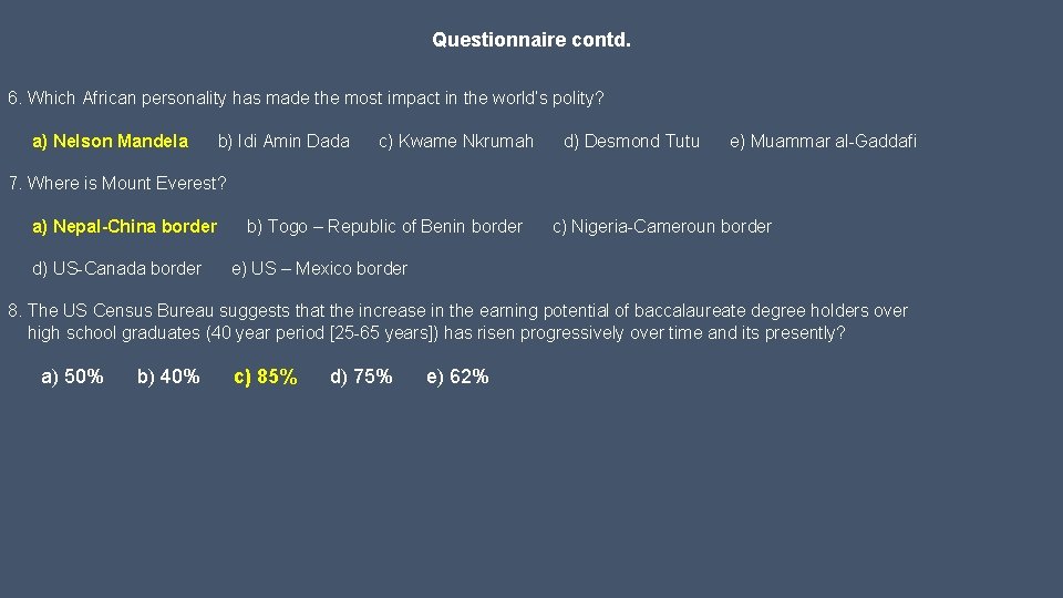 Questionnaire contd. 6. Which African personality has made the most impact in the world’s