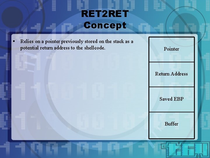 RET 2 RET Concept § Relies on a pointer previously stored on the stack
