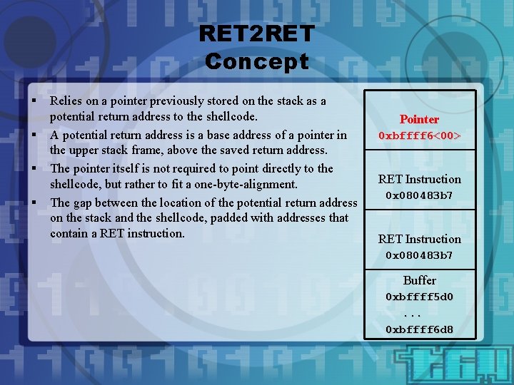 RET 2 RET Concept § § Relies on a pointer previously stored on the