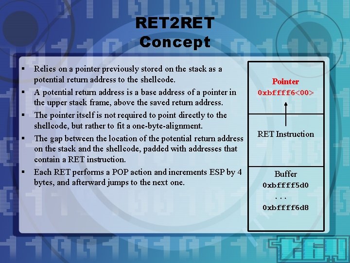 RET 2 RET Concept § § § Relies on a pointer previously stored on