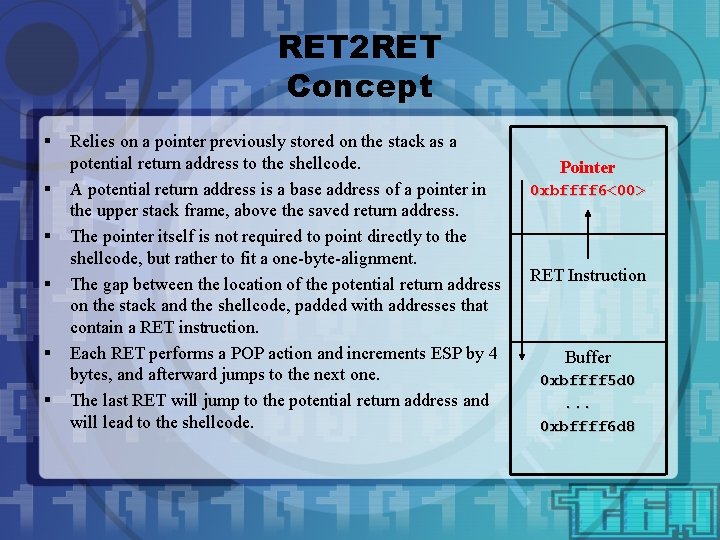 RET 2 RET Concept § § § Relies on a pointer previously stored on