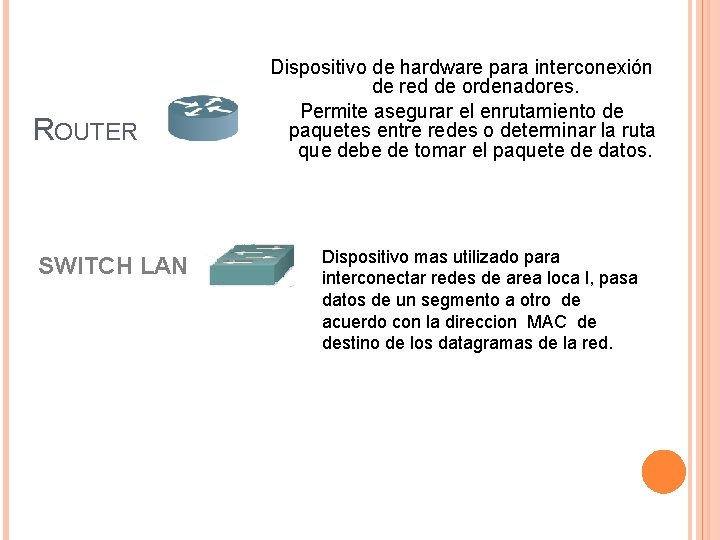 ROUTER SWITCH LAN Dispositivo de hardware para interconexión de red de ordenadores. Permite asegurar