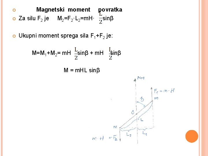  Magnetski moment povratka Za silu F 2 je M 2=F 2·L 2=m. H·