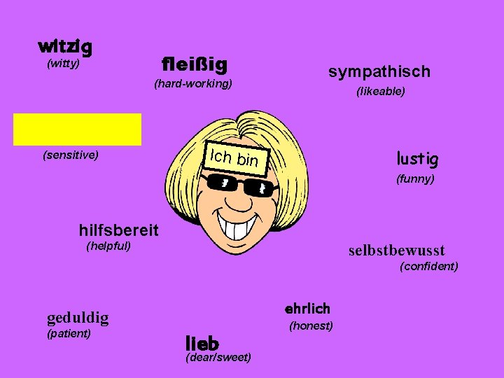 witzig fleißig (witty) (hard-working) (sensitive) sympathisch (likeable) Ich bin lustig (funny) hilfsbereit (helpful) selbstbewusst