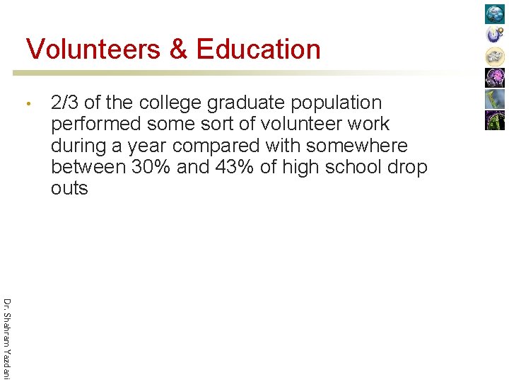 Volunteers & Education • 2/3 of the college graduate population performed some sort of